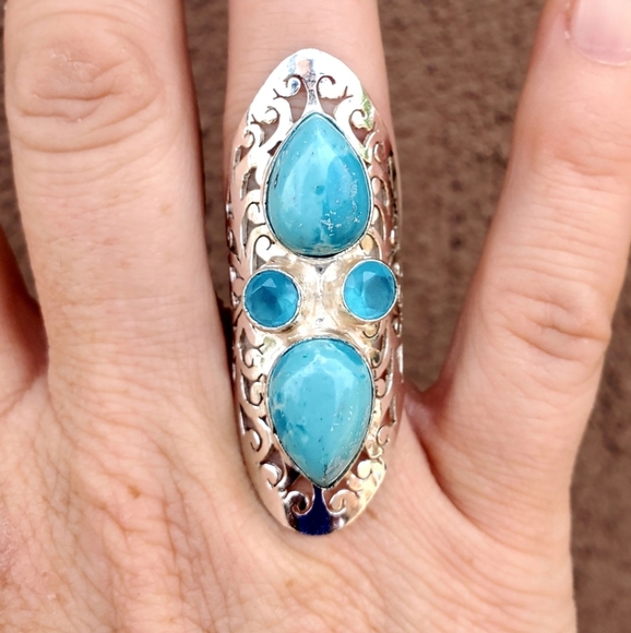 New Mosaic Jasper and Chalcedony 925 Silver Statement Ring. - Picture 3 of 13